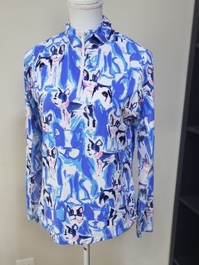 IBKUL Blue White Frenchie Royal Long Sleeve Sunshirt Mock Neck Long Sleeve